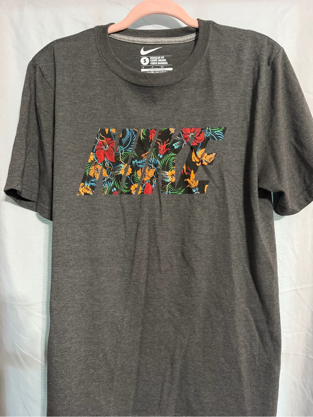Nike Dark Gray Short-Sleeve Tee with Tropical Floral Logo